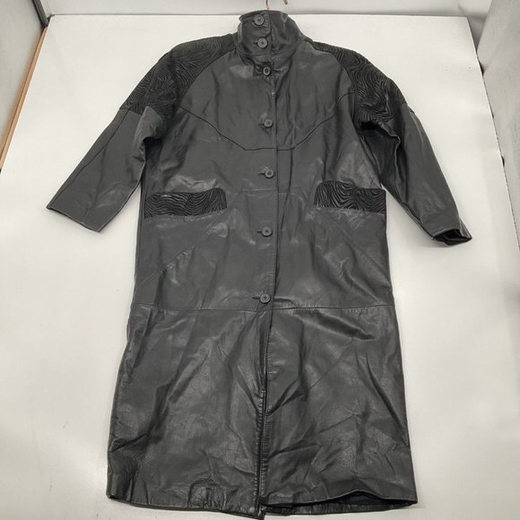 Vtg 80's PELLE Black Leather Long Jacket  Womens S Trench Coat Duster Pa… - Picture 3 of 11